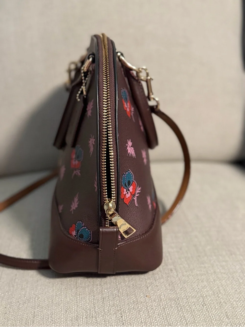 Coach Sierra Satchel Floral Print Oxblood Brown Crossbody F11919 Leather Trim